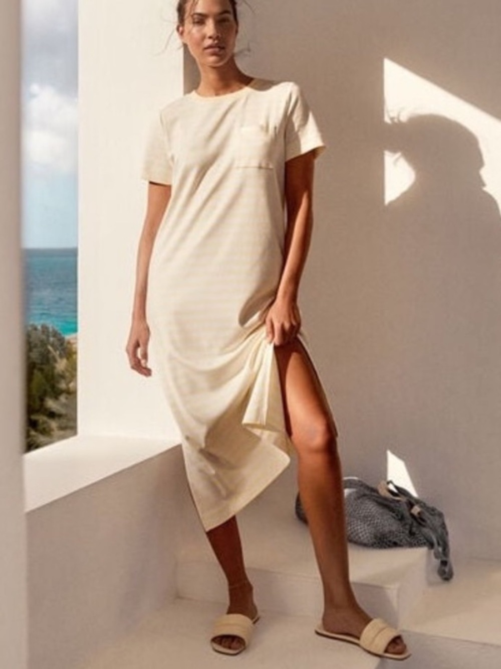 Haven Well Within Organic Cotton Interlock Striped T-Shirt Dress Yellow White XL